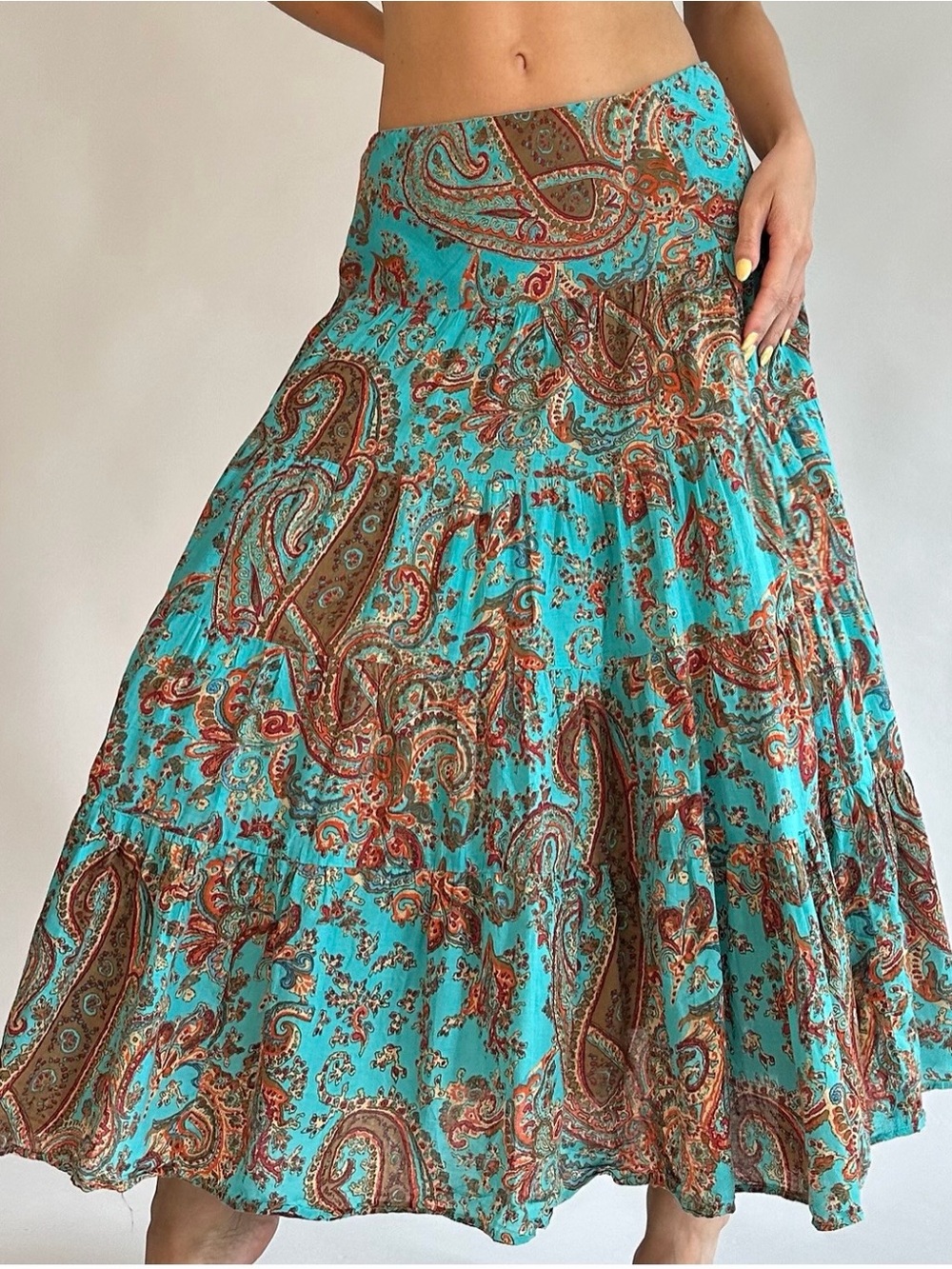 Ralph Lauren Vintage Boho Paisley Print Blue Flowy Low Rise Maxi Skirt Cotton 1X